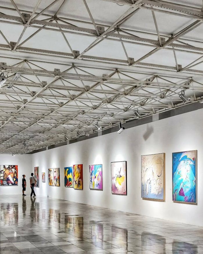 Explore a contemporary art exhibition in an elegant Brazilian gallery with vivid paintings.