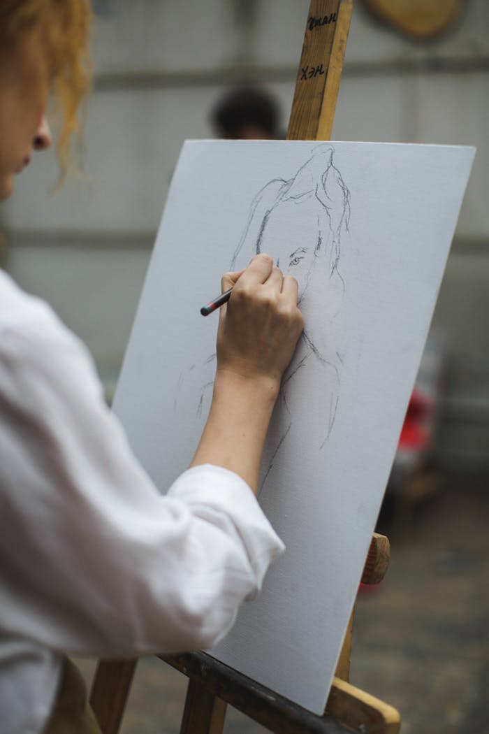 A focused artist sketching a portrait on canvas with pencil indoors.