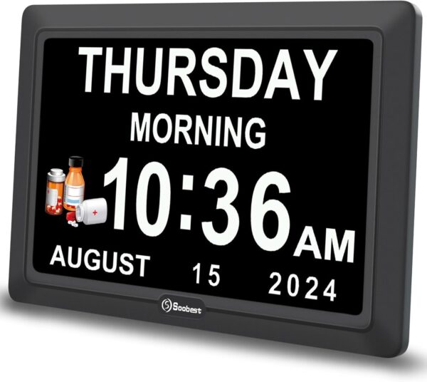 Soobest Digital Dementia Alarm Clock Large Display for Seniors, Plug in Electric Date Day of Week Calendar Clock 12 Alarms 3 Ringtones for Elderly Memory Loss Alzheimer’s, Auto DST (7" Black)