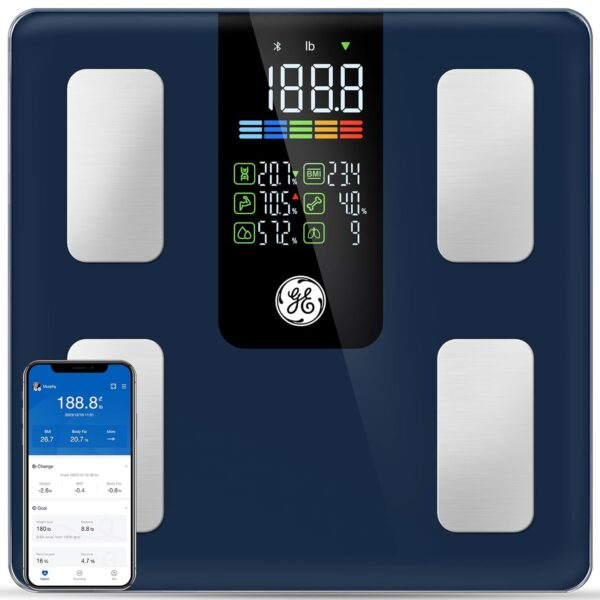 GE Scale for Body Weight Smart: Digital Bathroom Body Fat Scales for BMI Muscle Bluetooth Smart Weight Monitor 11.8" Large Platform Accurate Weighing Machine Health Analyzer with App 500lbs Black