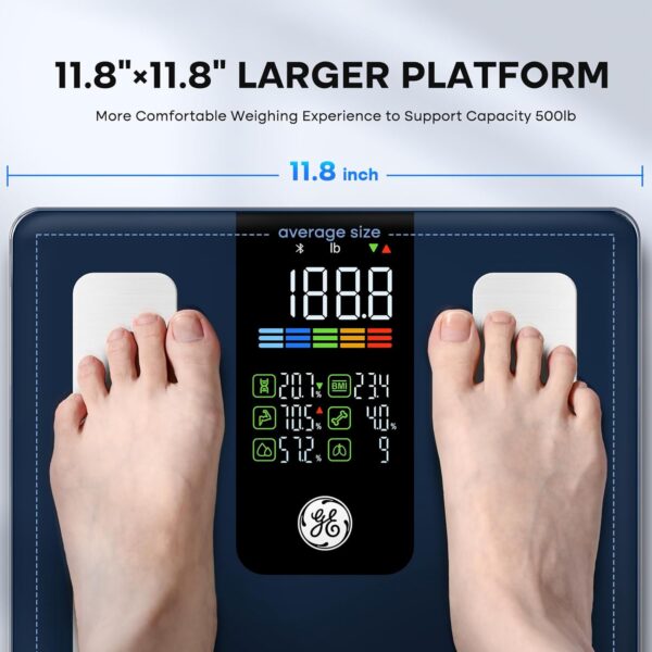 GE Scale for Body Weight Smart: Digital Bathroom Body Fat Scales for BMI Muscle Bluetooth Smart Weight Monitor 11.8" Large Platform Accurate Weighing Machine Health Analyzer with App 500lbs Black - Image 3