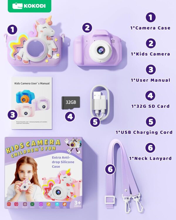 KOKODI Kids Camera Toy Digital Camera for Kids, Birthday Gifts for Girls Age 3-12, 1080P HD Video Camera for Toddler, Unicorn Children Toys for 3 4 5 6 7 8 9 Year Old Girls with 32GB SD Card (Purple) - Image 5