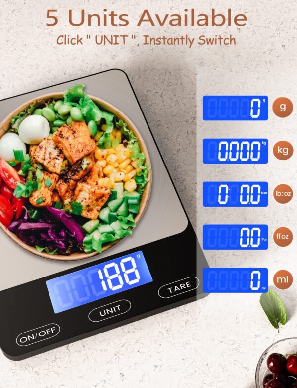 Food Scale -33lb Digital Kitchen Scale for Food Ounces Grams Rechargeable 304 Stainless Steel,Batteries and Type-C Charging | Perfect for Meal Prep, Cooking, and Baking, Black - Image 2