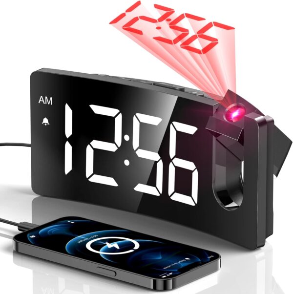 Projection Alarm Clock, Digital Clock with 180° Rotatable Projector, 3-Level Brightness Dimmer, Clear LED Display, USB Charger, Progressive Volume, 9mins Snooze,12/24H, Digital Alarm Clock for Bedroom