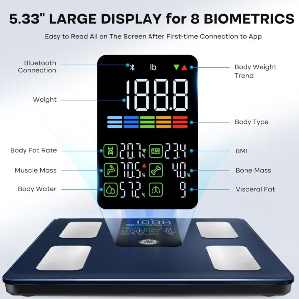 GE Scale for Body Weight Smart: Digital Bathroom Body Fat Scales for BMI Muscle Bluetooth Smart Weight Monitor 11.8" Large Platform Accurate Weighing Machine Health Analyzer with App 500lbs Black - Image 2