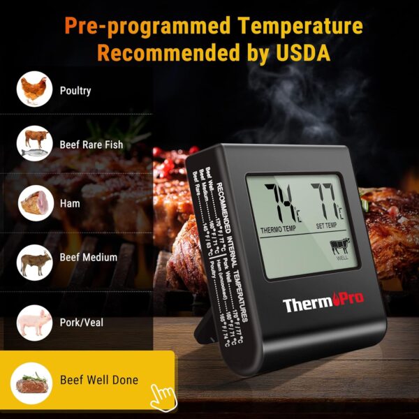 ThermoPro TP16 Large LCD Digital Meat Thermometer for Cooking, Smoking, Grilling, BBQ Food Thermometer with Clock Timer and Stainless Steel Probe, Black - Image 2