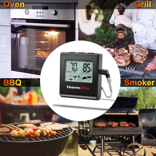 ThermoPro TP16 Large LCD Digital Meat Thermometer for Cooking, Smoking, Grilling, BBQ Food Thermometer with Clock Timer and Stainless Steel Probe, Black - Image 7