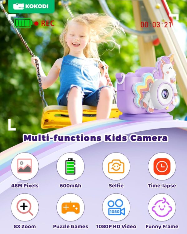 KOKODI Kids Camera Toy Digital Camera for Kids, Birthday Gifts for Girls Age 3-12, 1080P HD Video Camera for Toddler, Unicorn Children Toys for 3 4 5 6 7 8 9 Year Old Girls with 32GB SD Card (Purple) - Image 4